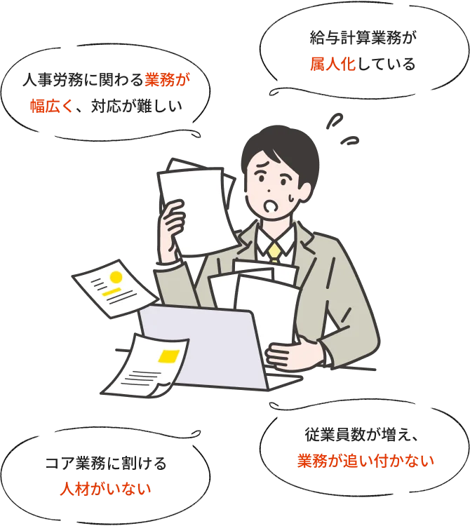 給与計算でこんなお悩みはありませんか？ 人事労務に関わる業務が幅広く対応が難しい コア業務に割ける人材がいない 給与計算業務が属人化している 従業員数が増え業務が追い付かない